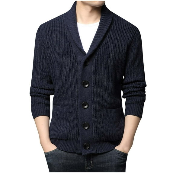Lovskoo Mens Cardigan Sweater Winter Trendy Slim Solid Color Sweater Single Button Casual Knit Tops Coat Dark Blue