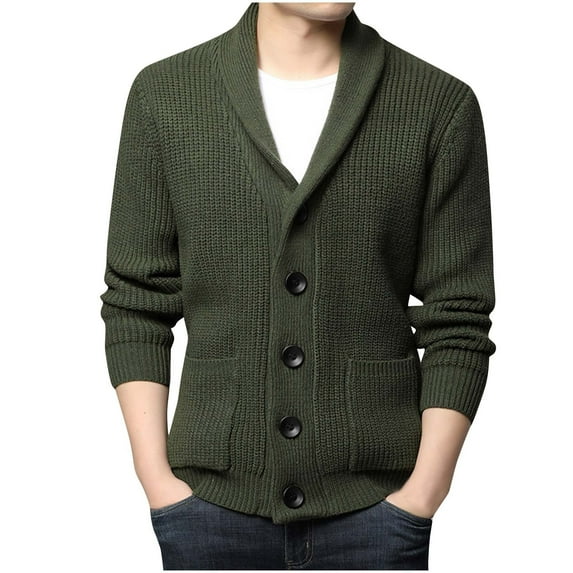 Lovskoo Mens Cardigan Sweater Winter Trendy Slim Solid Color Sweater Single Button Casual Knit Tops Coat Olive Green