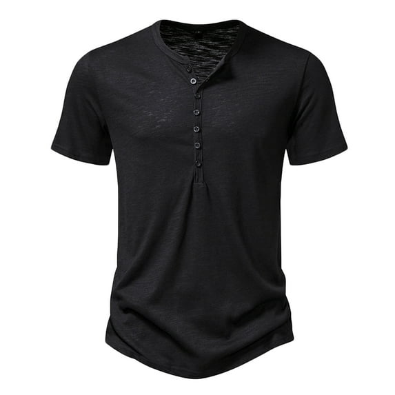 Lovskoo Mens Casual Henley Shirts V Neck Short Sleeve Trendy Casual Solid Color Slim T Shirt Tops Blouse Vacation Beach Summer Tops Black
