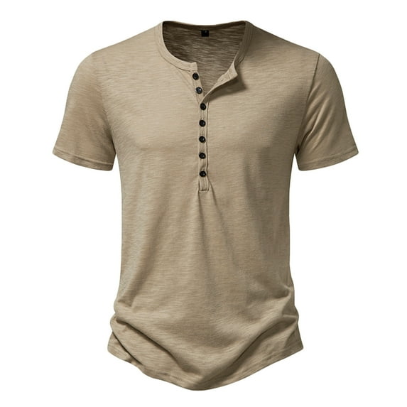 Lovskoo Mens Casual Henley Shirts V Neck Short Sleeve Trendy Casual Solid Color Slim T Shirt Tops Blouse Vacation Beach Summer Tops Khaki