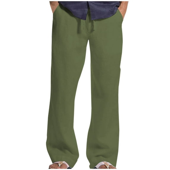 Lovskoo Mens Cotton Linen Pants Solid Color Summer 2024 Elastic Waist Drawstring Pocket Beach Breathable Sports Long Pants Green 3XL