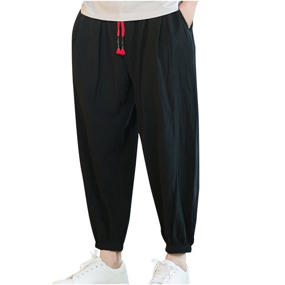 Lovskoo Mens Cotton Linen Pants Solid Color Summer 2024 Outdoor Trouser Casual Closed Bottom Pants Black 3XL