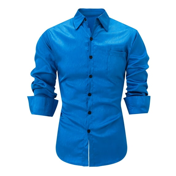 Lovskoo Mens Dress Shirts Stretch Long Sleeve Collared Casual Solid Color Button Down Shirt Blue