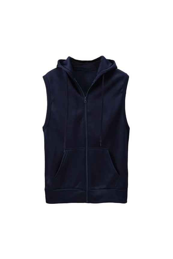 Mens Fashhion Slim Sleeveless Lightweight Zip-Up Hooded Vest with Zipper Trim Waistcoat Slim Jacket Blouse Navy