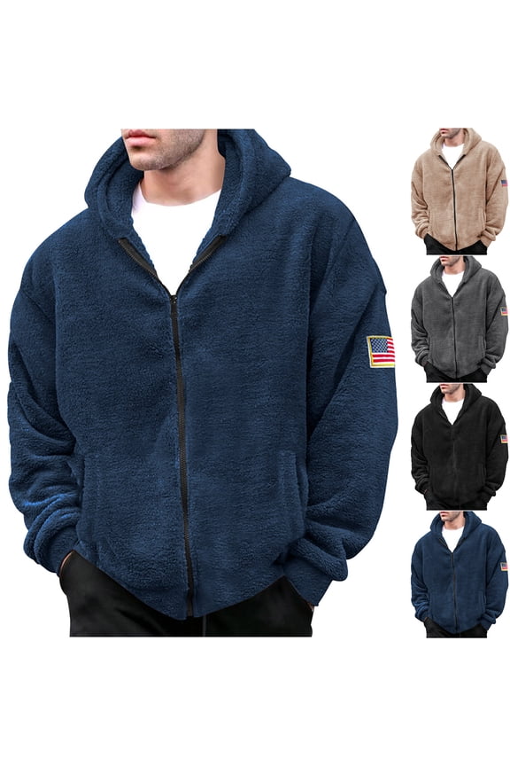Mens Fuzzy Fleece Warm Jacket Hooded Pullover Elastic Solid Color Flag Pattern Fluffy Coat with Pocket Black