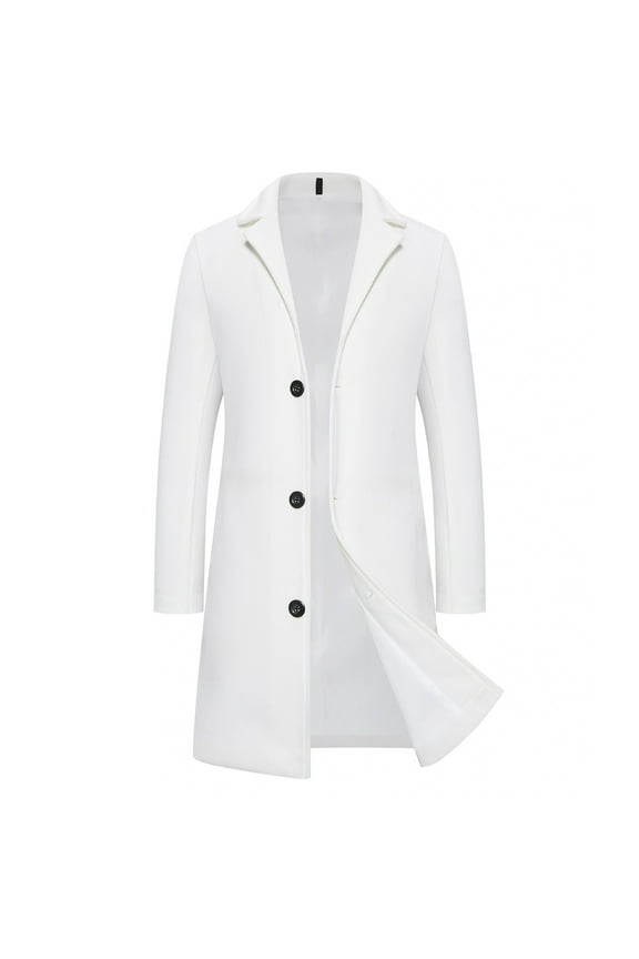 Mens Long Sleeve Wool Blend Trench Coat Notch Lapel Casual Outwear Pea Coats Winter Overcoat White