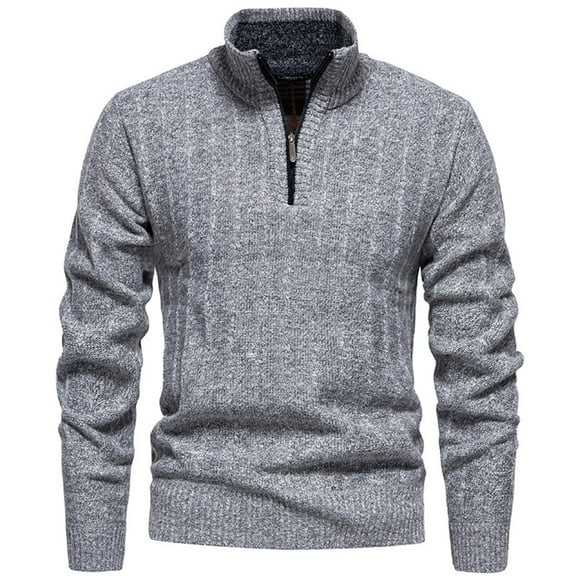 Lovskoo Mens Quarter Zip Sweater Pullover Solid Color Knitwear Fleece Lined Thick Warm Zipper Stand Collar Blouse Gray