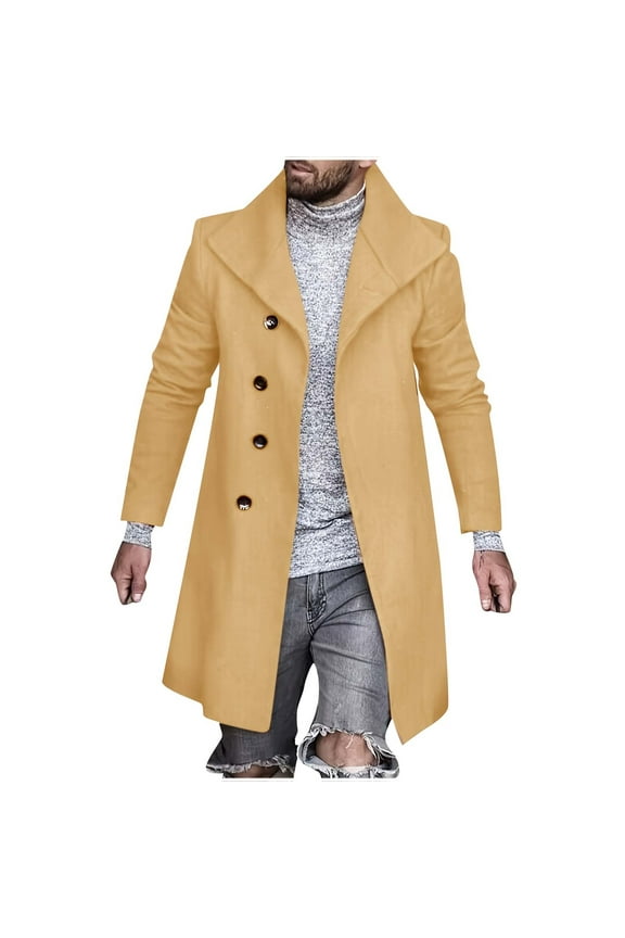 Mens Single Breasted Trench Coat Long Sleeve Winter Warm Pea Coat Oversized Lapel Work Business Jacket Outerwear Khaki