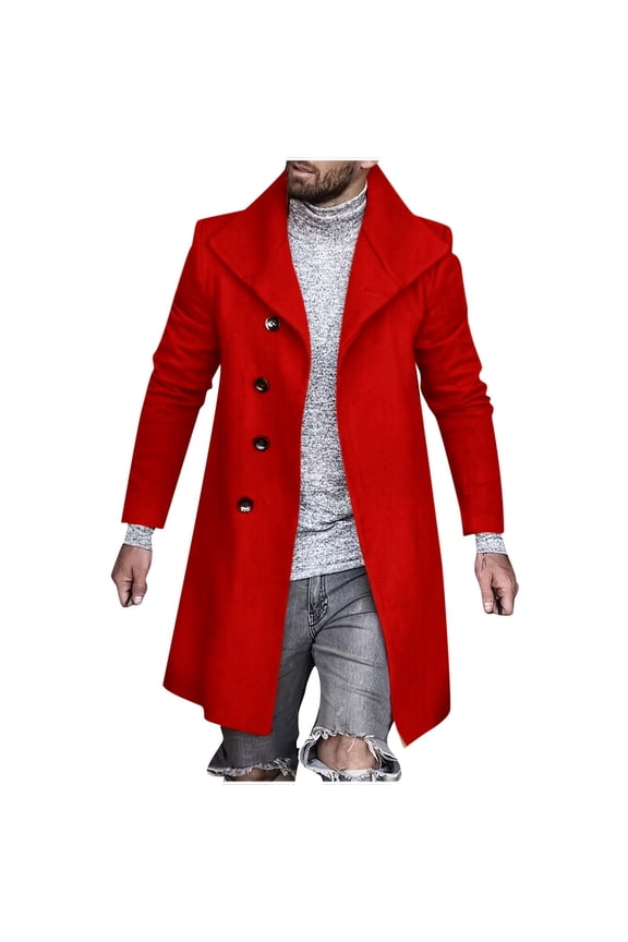 Mens Single Breasted Trench Coat Long Sleeve Winter Warm Pea Coat Oversized Lapel Work Business Jacket Outerwear Red
