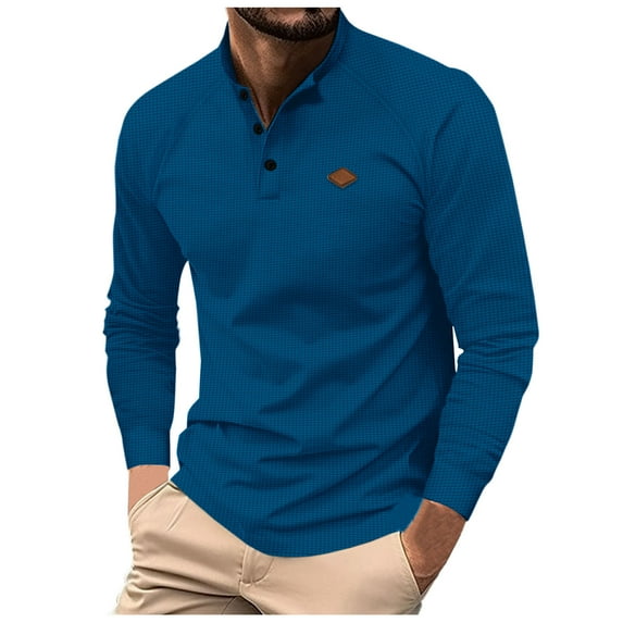 Lovskoo Mens Stand Collar Long Sleeve Shirt Band Collar Solid Color Sport Shirt with Button Lapel Lapel Top Shirt Blue