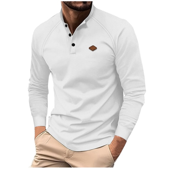 Lovskoo Mens Stand Collar Long Sleeve Shirt Band Collar Solid Color Sport Shirt with Button Lapel Lapel Top Shirt White