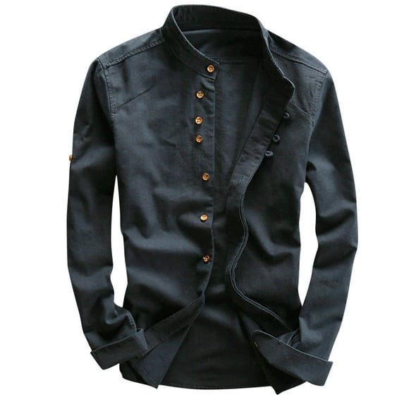Lovskoo Mens Stand Collar Long Sleeve Shirt Collared Solid Color Striped Zip Up Lapel Top Sports Lapel Top Shirt Navy