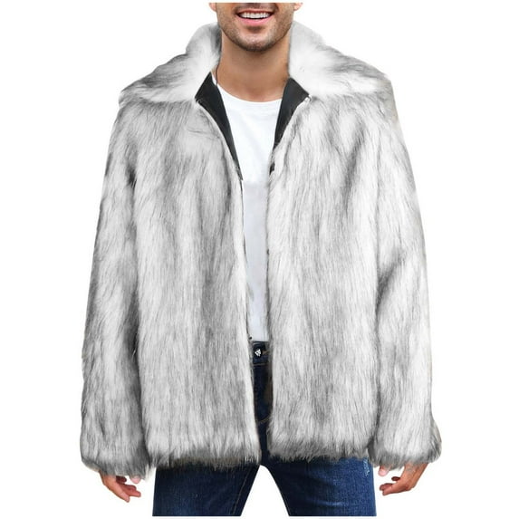 Lovskoo Mens Winter Coats Faux Fur Jacket Thick Warm Long Sleeve Open Front Cardigan Faux Furry Long Coat Jacket Solid Outerwear Gray