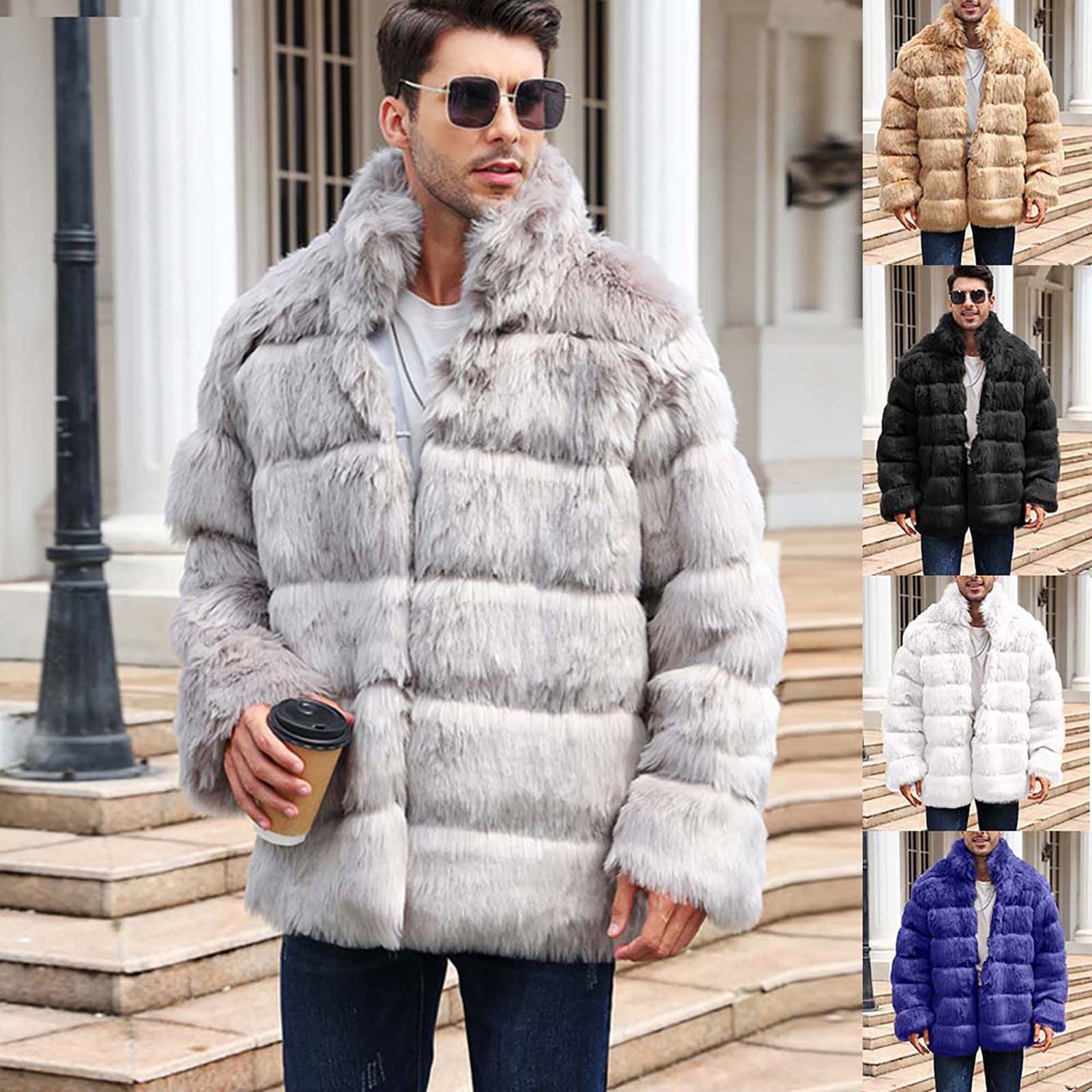 Lovskoo Mens Winter Coats Faux Fur Jacket Thick Warm Long Sleeve