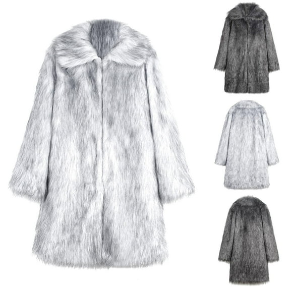 Lovskoo Mens Winter Coats Faux Fur Jacket Thick Warm Open Front Cardigan Style Long Sleeve Solid Color Turn Down Collar Coat Dark Gray