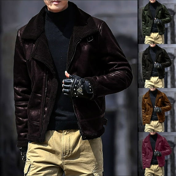 Lovskoo Mens Winter Coats Fuzzy Fleece Lined Leather Jacket Long Sleeve Zipper Thick Warm Lapel Collar Solid Color Trucker Jacket Coffee
