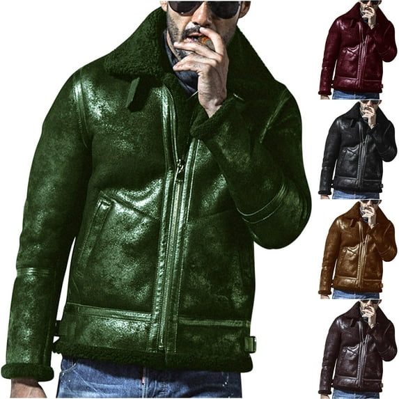 Lovskoo Mens Winter Coats Fuzzy Fleece Lined Leather Jacket Long Sleeve Zipper Thick Warm Lapel Collar Solid Color Trucker Jacket Olive Green