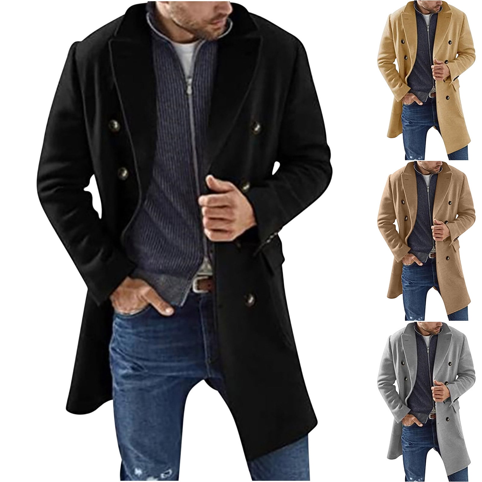 Herrnalise Men's Lapel Tweed Trench Coat Jacket Winter