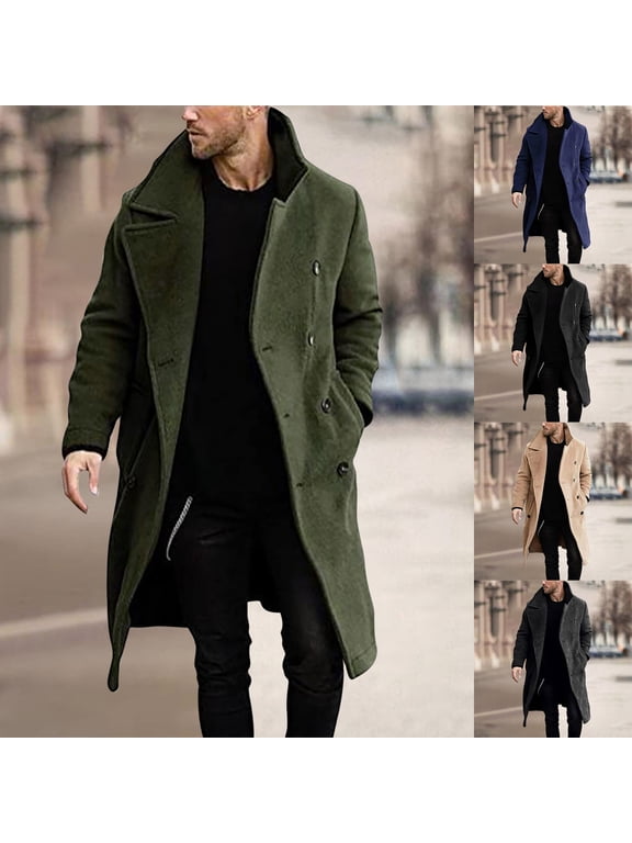 Mens Winter Coats Pea Coat Ingle-Breasted Warm Long Coat Solid Color Long Sleeve Casual Outwear & Jackets Trench Coat Overcoat Green