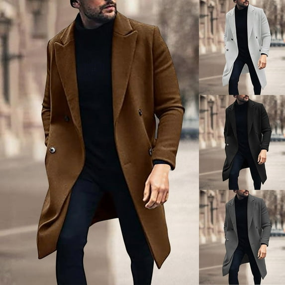 Lovskoo Mens Winter Coats Pea Coat Ingle-Breasted Warm Long Coat Solid Color Long Sleeve Casual Outwear & Jackets Trench Coat Overcoat White