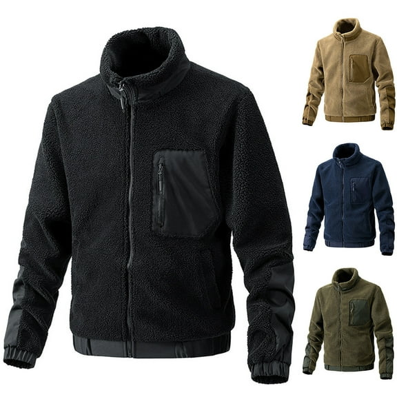 Lovskoo Mens Winter Coats Polar Fleece Thick Thermal Long Sleeve Stand Collar Pockets Recreation Coat Black