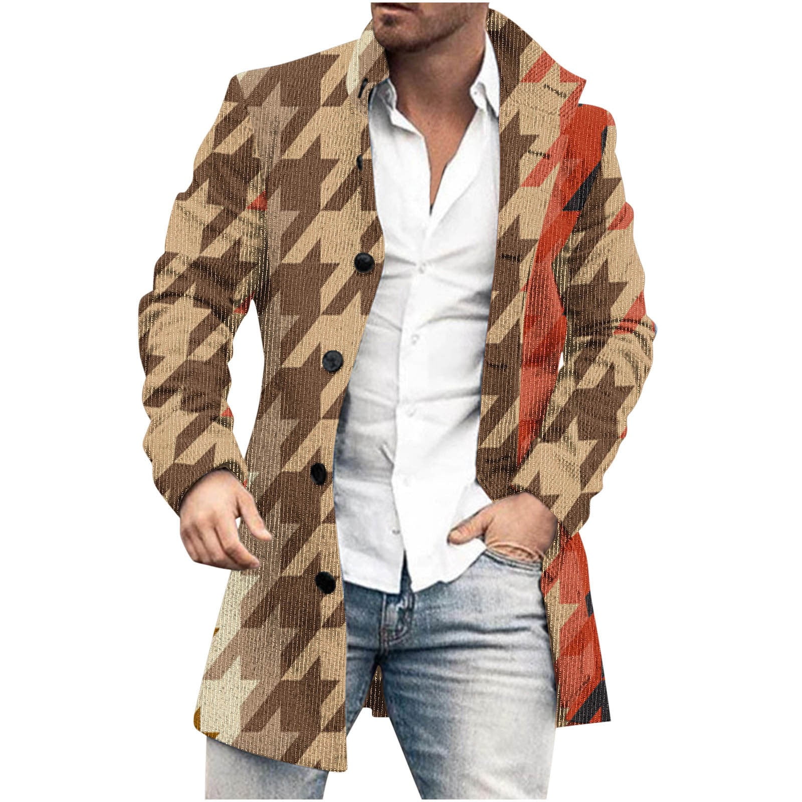 Lovskoo Mens Winter Coats Single Breasted Pea Coat Printed Stand Collar ...