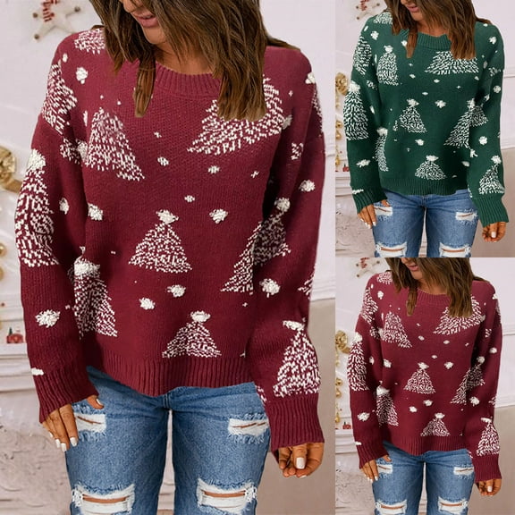 Lovskoo Merry Christmas Sweaters for Women 2023 Trendy Long Sleeve Pullove Round-Neck Casual Sweater Tops Green
