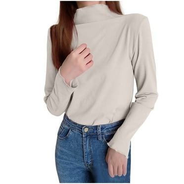 Lovskoo Women Mock Neck Shirts Long Sleeve Top Casual Blouses Stretch Slim T Shirt Dressy Blouse Tunic Tops White
