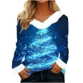 thumbnail image 1 of Lovskoo Merry Christmas Sweatshirts Women's Fluffy Trim V Neck Sweaters Casual Loose Xmas Long Sleeve Pullover O-Blue, 1 of 4