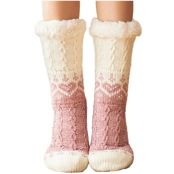 Lovskoo Mid-Calf Fuzzy Fluffy Socks for Women Girl Christmas Printing Socks Fuzzy Slipper Socks Winter Warm Sleeping Non-Slip Plush Comfy Socks Pink