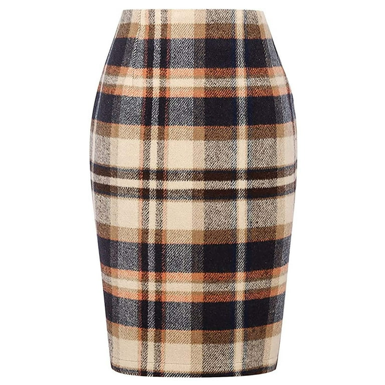 Lovskoo Midi Plaid Skirts for Women 2024 Fall Winter Pencil Skirt