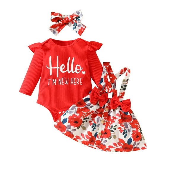 Zwiiyzr Newborn Baby Girl Coming Home Outfit Hello I Am New Here Bodysuits Romper Top+ Tutu Skirt+ Headband 3Pcs Red