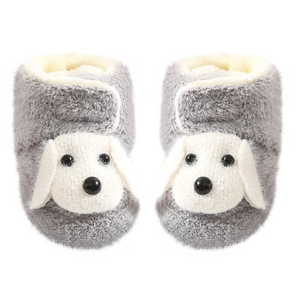 Lovskoo Newborn Infant Toddler Baby Shoes Boys Girls Socks Shoes 0-2Years Solid Color Cartoon Dog Socks Keep Warm Plush Kids Soft Non-Slip Indoor Bootie First Walking Shoes Gray