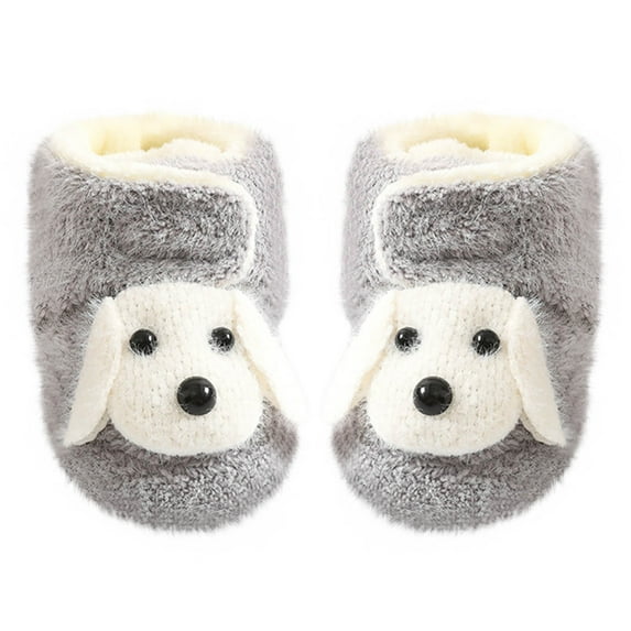 Zwiiyzr Newborn Infant Toddler Baby Shoes Boys Girls Socks Shoes 0-2Years Solid Color Cartoon Dog Socks Keep Warm Plush Kids Soft Non-Slip Indoor Bootie First Walking Shoes Gray