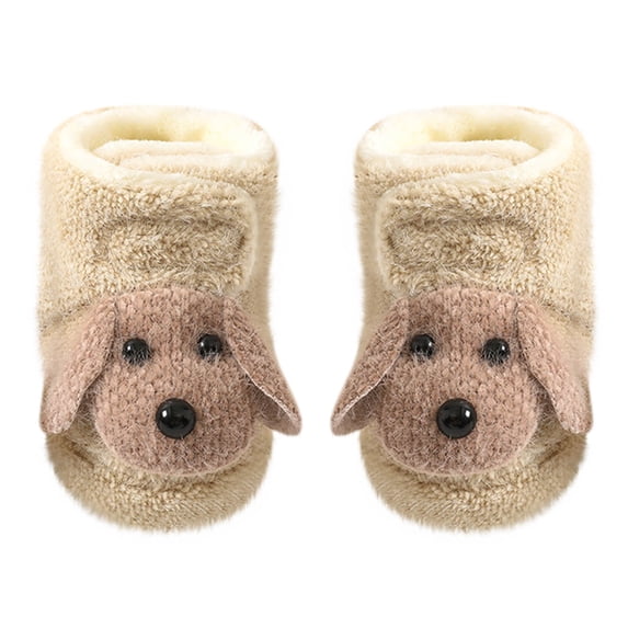 Zwiiyzr Newborn Infant Toddler Baby Shoes Boys Girls Socks Shoes 0-2Years Solid Color Cartoon Dog Socks Keep Warm Plush Kids Soft Non-Slip Indoor Bootie First Walking Shoes Khaki