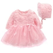 Zwiiyzr Newborn Toddler Baby Girl Outfits Cute Dressy Girls Princess Dresses Long Sleeve Embroidery Lace Mesh Princess Dress Hat Set, Pink, 0-3 Months