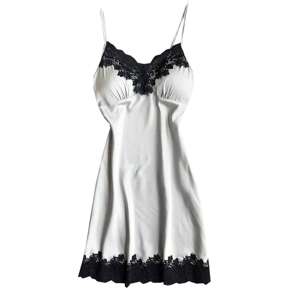 Lovskoo Nightgown Erogenous Lingerie for Women Festival Nightwear Lace Chemise Deep V Sleeveless Camisole Slip Dress Robe Babydoll Sleepwear White