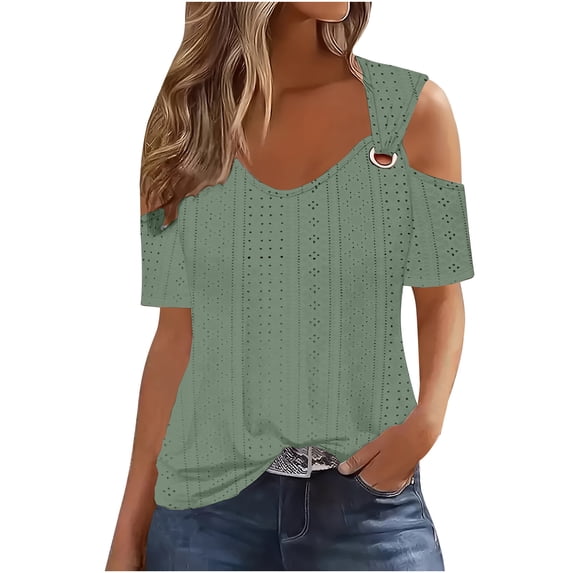 Lovskoo Off The Shoulder Tops for Women Short Sleeve Scoop Neck 2024 Trendy Casual Solid Color Pullover Top Green L