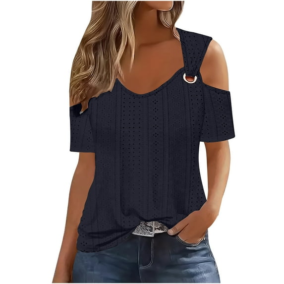Lovskoo Off The Shoulder Tops for Women Short Sleeve Scoop Neck 2024 Trendy Casual Solid Color Pullover Top Navy XL