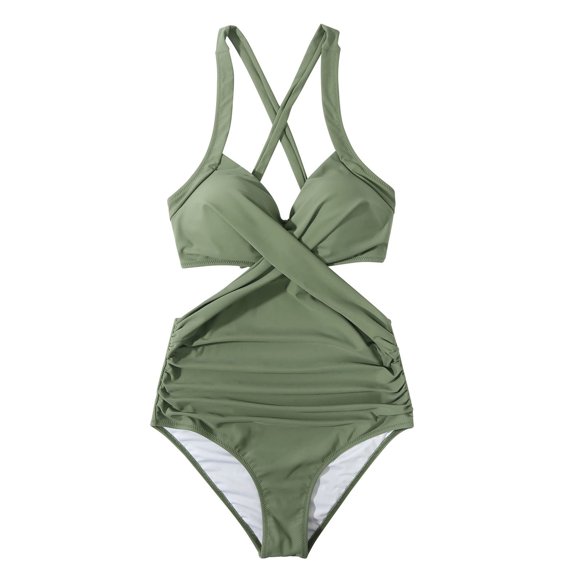 Lovskoo One Piece Bathing Suit for Women Floral Print Sexy Swimwear Solid Anded Backless Siamese Swimsuit Green
