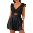 thumbnail image 1 of Lovskoo One Piece Swimsuit Women 2024 Ruffle Sleeve Solid Color Bathing Suits Twist Front Cutout Swimdress V Neck Flowy Swimwear Black XL, 1 of 9