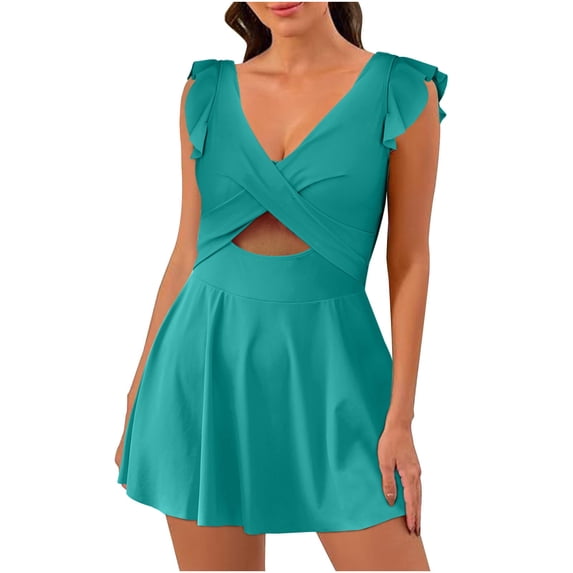 Lovskoo One Piece Swimsuit Women 2024 Ruffle Sleeve Solid Color Bathing Suits Twist Front Cutout Swimdress V Neck Flowy Swimwear Blue L