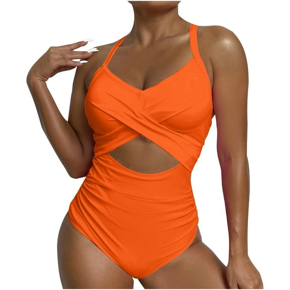 Lovskoo One Piece Swimsuit Women 2024 Sleeveless Bathing Suits Twist Front Cutout Ruched Swimwear Orange L