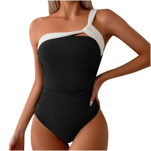 Lovskoo One Piece Swimsuit Women Sleeveless One Shoulder Color Block Swim Suits for Women 2024 Black L