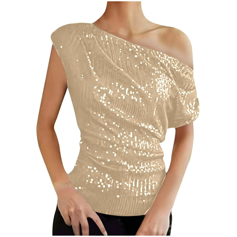 Lovskoo One Shoulder Sequin Sparkly Tops for Women 2024 Ruched Asymmetrical Glitter Tops Slim Glitter Party Shirts Khaki