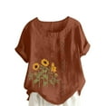 thumbnail image 1 of Lovskoo Oversize Cotton Linen Tops for Women Floral Butterfly Print Summer Blouses Casual Round Neck Short Sleeve Loose Shirt Coffee, 1 of 5
