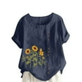 thumbnail image 1 of Lovskoo Oversize Cotton Linen Tops for Women Floral Butterfly Print Summer Blouses Casual Round Neck Short Sleeve Loose Shirt Navy, 1 of 5
