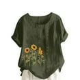 thumbnail image 1 of Lovskoo Oversize Cotton Linen Tops for Women Floral Butterfly Print Summer Blouses Casual Round Neck Short Sleeve Loose Shirt Olive Green, 1 of 5
