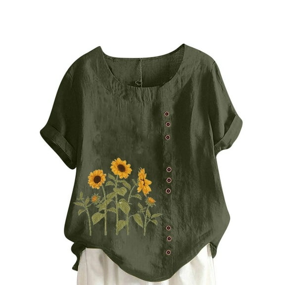 Lovskoo Oversize Cotton Linen Tops for Women Floral Butterfly Print Summer Blouses Casual Round Neck Short Sleeve Loose Shirt Olive Green