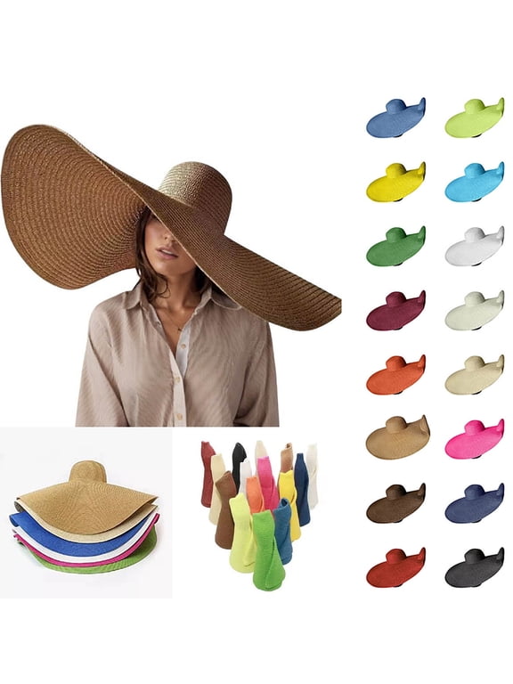 Oversized Beach Straw Hats for Women Extra Large Wide Brim Beach Hat Foldable Roll Up Floppy Sun Hat Beige